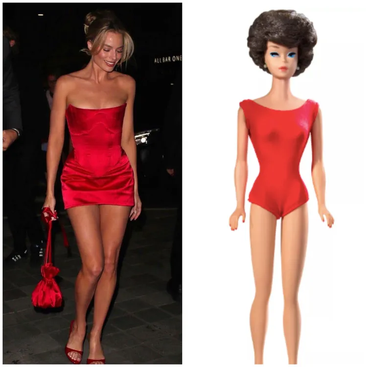 在倫敦首映會上的第二套服裝，瑪歌羅比穿上了由土耳其裔英國設計師Dilara Findikoglu創作的紅色平口短洋裝嬌俏亮相。左圖翻攝margotrobbieofficial IG、右圖翻攝mattel