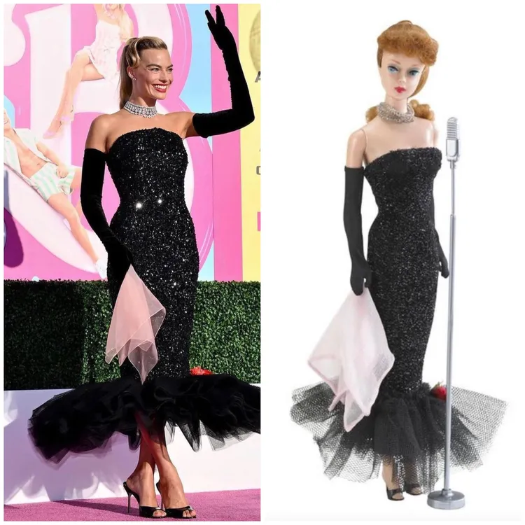 此套造型是芭比首次穿上晚禮服，瑪歌羅比在洛杉磯電影首映會穿上Schiaparelli復刻打造的禮服，搭配Manolo Blahnik鞋。左圖翻攝margotrobbieofficial IG、右圖翻攝mattel