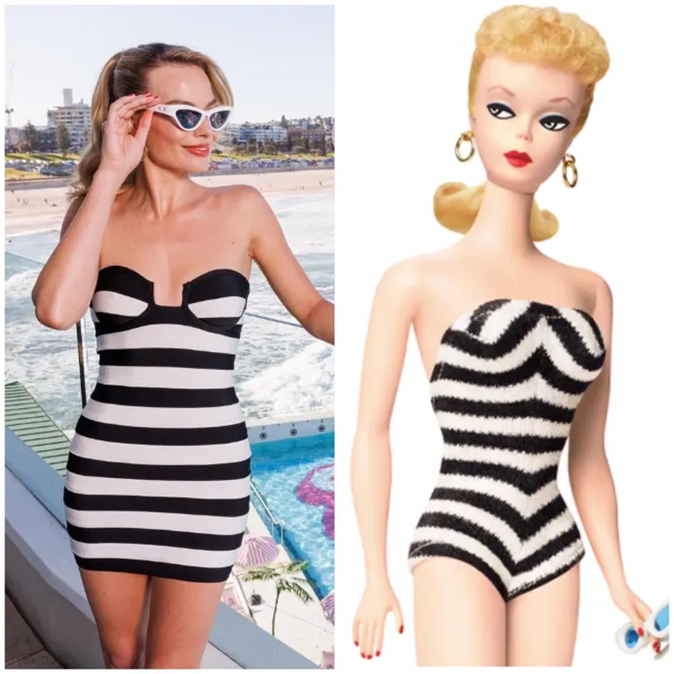 瑪歌羅比在雪梨出席電影活動時，穿上了法國品牌Herve Legerco黑白條紋泳裝。左圖翻攝barbiethemovie IG、右圖翻攝mattel