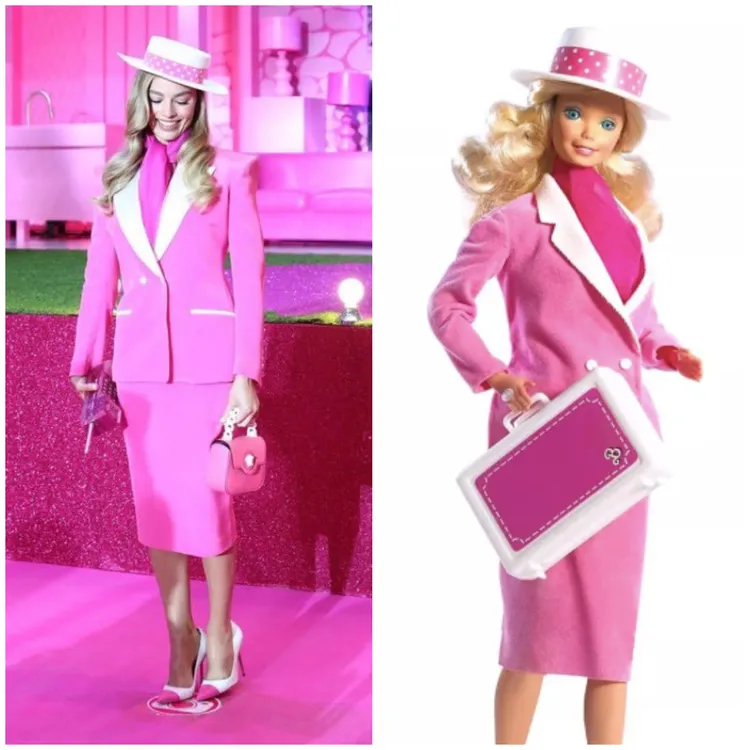 在南韓出席電影活動時，瑪歌羅比身著VERSACE套裝。左圖翻攝哈迷瘋子微博、右圖翻攝mattel