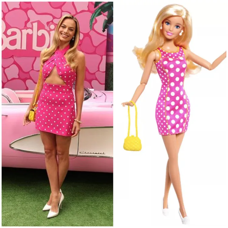 6月25日於洛杉磯的電影拍照活動中，瑪歌羅比以VALENTINO迷你圓點連衣裙搭配黃色肩背包。左圖翻攝barbiethemovie IG、右圖翻攝mattel