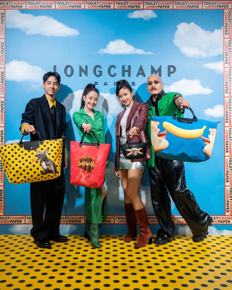新生代男星劉敬（左起）、謝欣穎、歌手9m88和YELLOW黃宣，共同為LONGCHAMP x TOILETPAPER上市活動站台。品牌提供