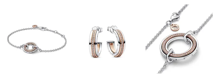 （左起）Signature雙色密鑲寶石同心圓手鏈3280元、Logo & Pavé雙色金屬耳環圈3980元、Logo & Pavé雙色金屬項鍊5380元。品牌提供