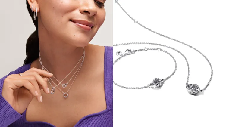 Signature  Pavé交織釦環吊墜項鍊3280元、交織釦環手鏈2880元。品牌提供