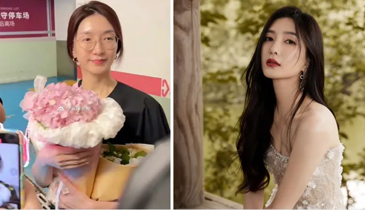 江疏影素顏（左圖）與完妝（右圖）的對比照。右圖翻攝江疏影工作室微博