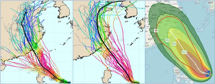 左圖：最新(22日20時)歐洲系集模式模擬的系集平均路徑，從菲律賓東方海面，先向西轉西北前進，經巴士海峽、中心擦過台灣南端及西南部，各別系集成員分散在其東、西兩側，東側成員大多通過台灣。  中圖：最新(22日20時)美國系集模式模擬的系集平均路徑大幅往西調整，通過台灣東北部，西側成員則大多通過台灣。(左、中圖擷自weathernerds.org)  右圖：最最新(23日2時)中央氣象局「路徑潛勢及侵襲機率預測圖」顯示，「杜蘇芮」向西轉西北，侵襲台灣，28日2時中心已在福建；侵襲台灣前，強度正達顛
