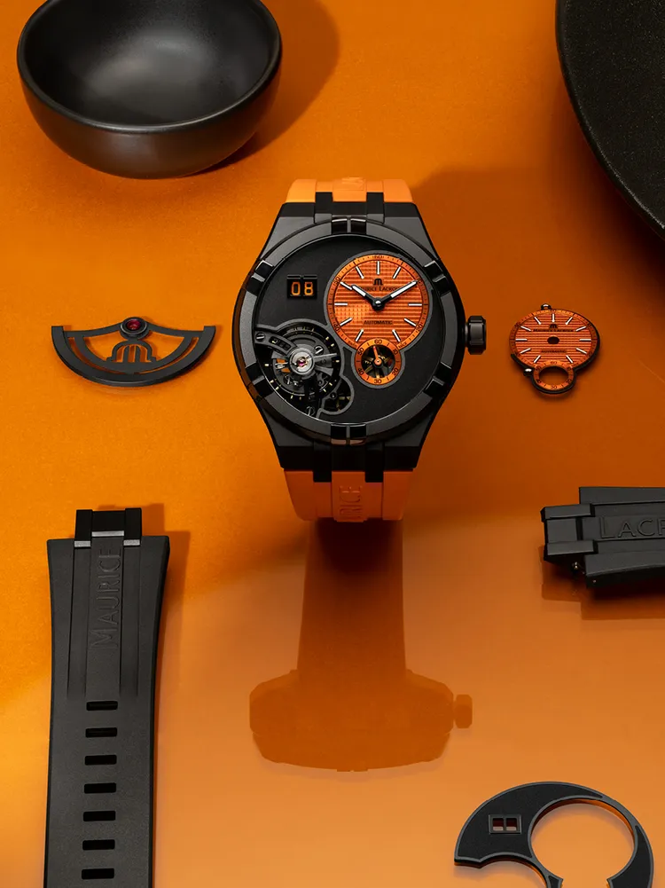 AIKON系列Master Grand Date Technicolour精鋼自動上鍊腕錶，限量50只，32萬1300元。品牌提供