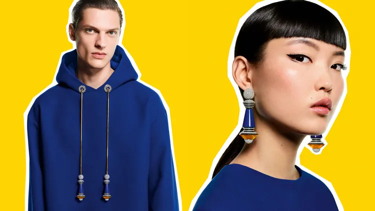 鑲嵌黃水晶、縞瑪瑙、白色蛋白石及鑽石的Pull Me服飾珠寶，可作為帽T拉繩或耳環佩戴。品牌提供