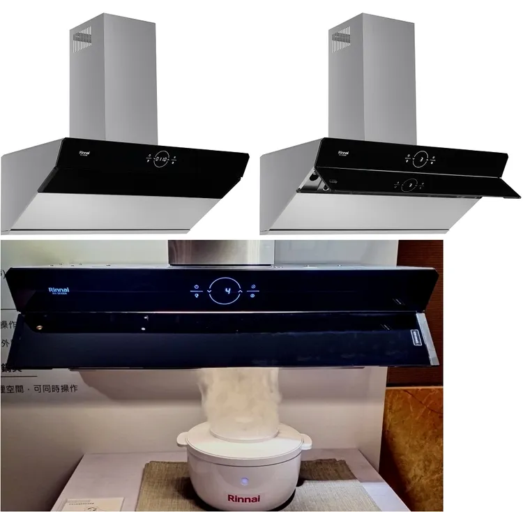 林內近吸式感應降噪排油煙機，手部感應喚醒式黑晶操作面板，美觀又方便。