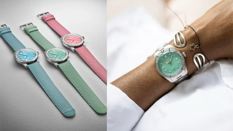 ▲「 Divers 65 Cotton Candy復刻潛水錶」錶盤以天青藍、湖水綠與石英粉3款棉花糖色調甜出新高度，呈現令人耳目一新的剛柔並濟之美。