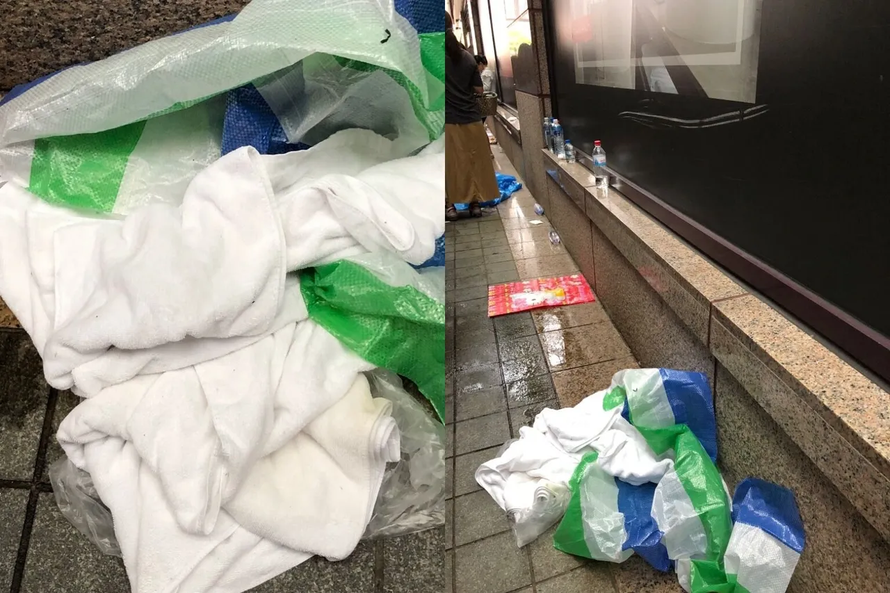 日本粉絲被指控拿飯店的浴巾,當成夜排的佔位工具。翻攝噗浪
