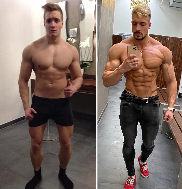 林德納約從10年前開始將健身紀錄上傳網路。左圖為健身前，右圖為健身後。翻攝IG@ Joesthetics