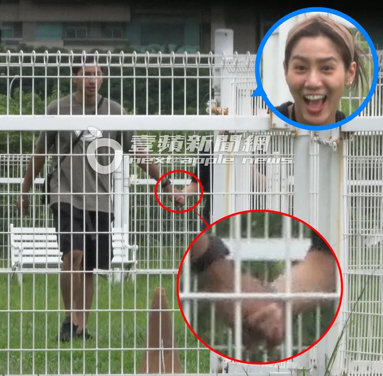 鄭楠鐘（左）與女友在狗公園裡手牽著手散步。特勤中心攝