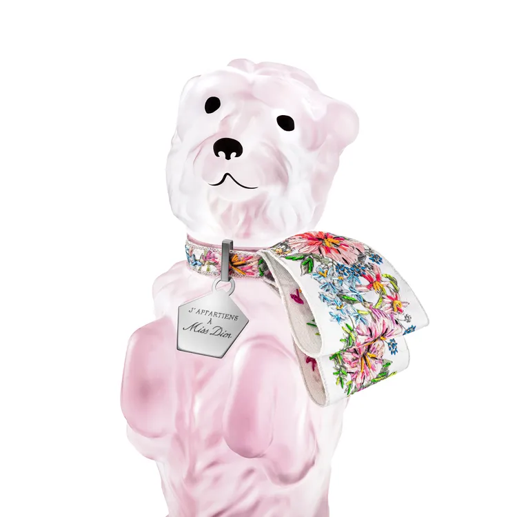 其脖子上繫有Dior創意總監Maria Grazia Chiuri親手設計的Miss Dior繁花刺繡單耳蝴蝶結圍巾。品牌提供