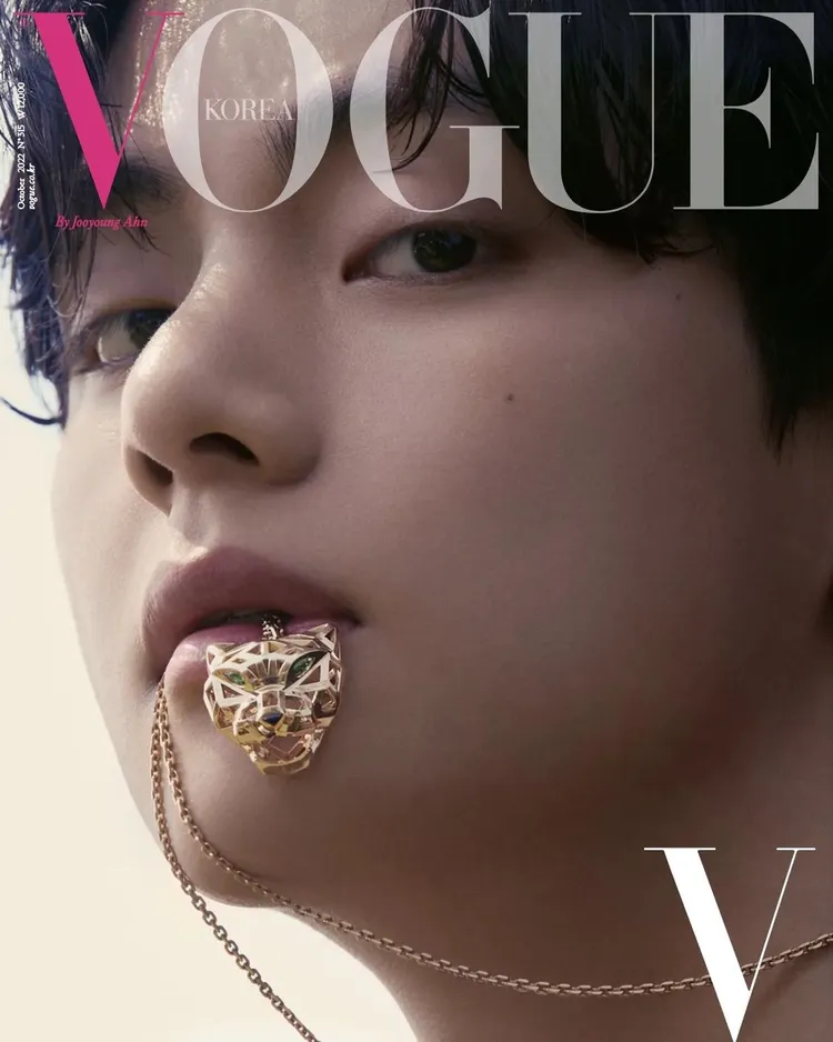 V於去年9月時便以佩戴全套卡地亞珠寶登上時尚雜誌《VOGUE》韓國版封面。翻攝thv IG