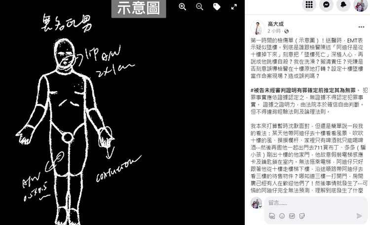 法醫高大成發文認為命案疑點重重。取自臉書