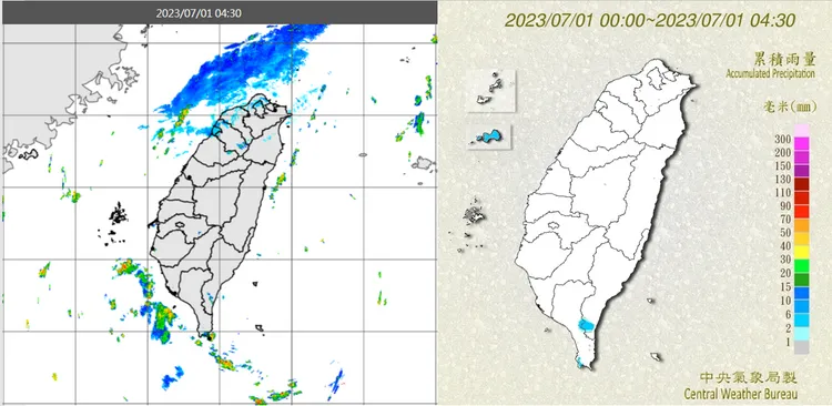 1日4：30雷達回波合成圖顯示，南台灣有零散回波逐漸靠近(左圖)。4：30累積雨量圖顯示，恆春半島、台東零星降雨(右圖)。取自氣象應用推廣基金會