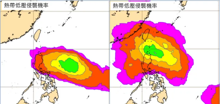 最新歐洲模式系集模擬，週二(11日)「熱帶低壓」的侵襲機率圖(左圖)顯示，呂宋島東方的最大值約50%。下週一(17日)另一侵襲機率圖(右圖)則顯示，「熱帶低壓」進入巴士海峽後，提高至50%。取自氣象應用推廣基金會
