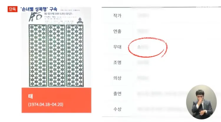新聞畫面洩漏宋男是東朗劇團的舞台總監，暗示惡狼是曾為舞台劇演員的宋萬助。翻攝MBC