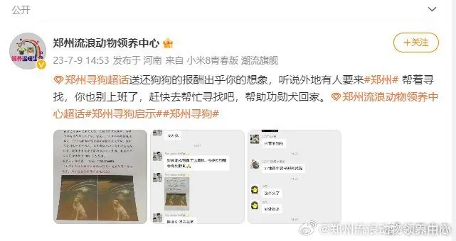 「鄭州流浪動物領養中心」發布懸賞千萬的尋狗啟事。取自微博