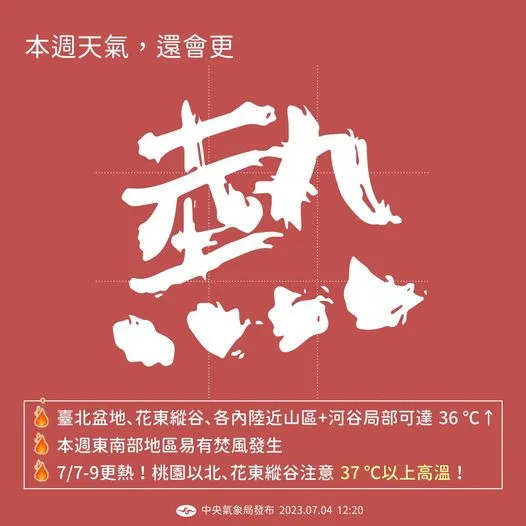 中央氣象局預報員趙竑表示，周五到周日水氣最少、最熱。翻攝氣象局臉書
