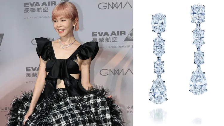 首度拿下金曲歌后的彭佳慧（左，攝影中心攝），選戴紐約珠寶腕錶品牌HARRY WINSTON的Classic系列鑽石耳環（右，品牌提供）。