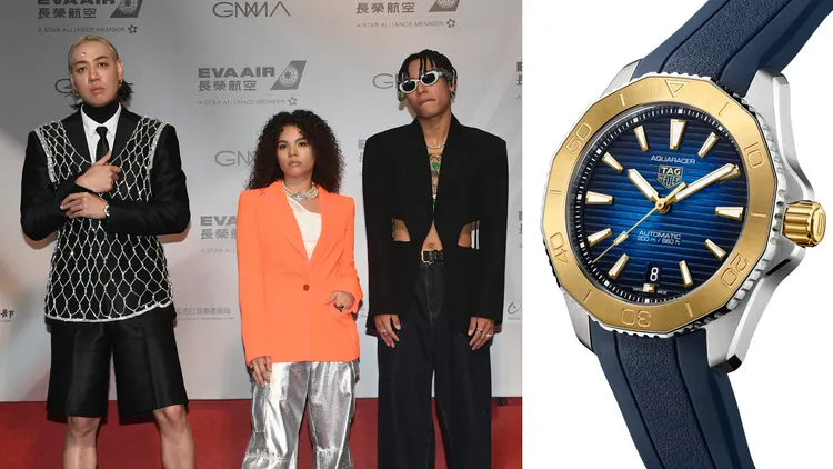 音樂製作人陳星翰（左，攝影中心攝）跳脫正式框架，選戴了瑞士製錶泰格豪雅饒富運動感的Aquaracer Professional 200雙色半金腕錶（右，品牌提供），16萬6000元。