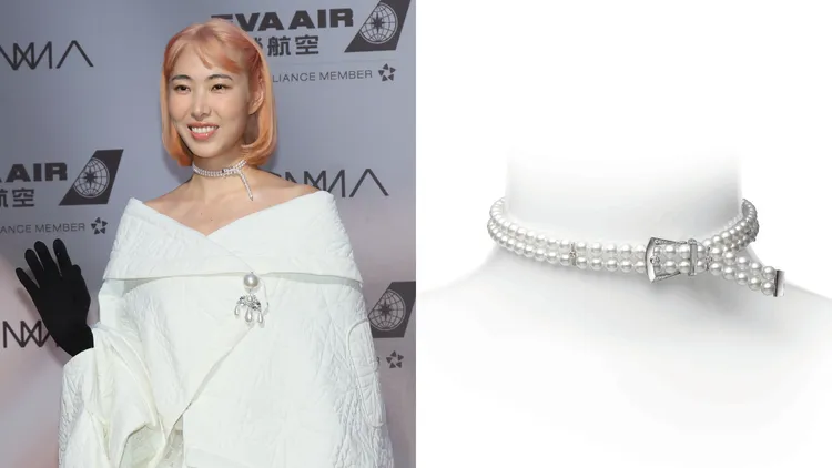 風格鮮明的王若琳（左，攝影中心攝），選擇日本珠寶品牌MIKIMOTO的Boucle Précieuse系列珍珠鑽石頸鍊（右，品牌提供），烘趁華麗復古造型。