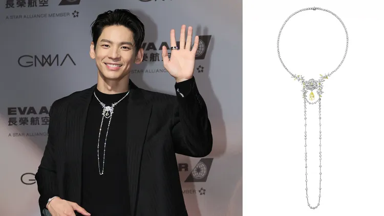 全套法國精品CELINE黑色西裝亮相紅毯的林柏宏（左，攝影中心攝），胸前佩戴了瑞士頂級珠寶腕錶品牌伯爵的Piaget Rose頂級珠寶系列鑽石項鍊（右，品牌提供），790萬元。