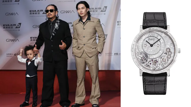 拿下原住民最佳歌手獎的葛西瓦（中，攝影中心攝），把伯爵的Altiplano Ultimate系列18K白金鑽石超薄頂級珠寶腕錶（右，品牌提供）藏於袖口裡。