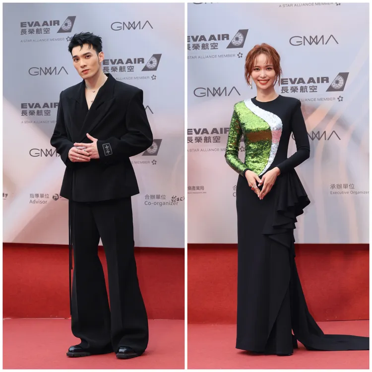 紅毯主持人黃偉晉（左）、陳明珠。攝影中心攝