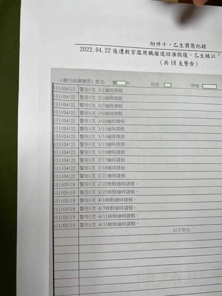 女學生被教官以逾時請假為由撤銷假單，再記她18支警告，其中，她拒絕教官性騷擾當天就記了12支。資料畫面