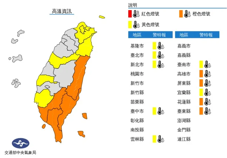 高雄市、屏東縣、花蓮縣、台東縣今日有連續出現36°C高溫。氣象局提供
