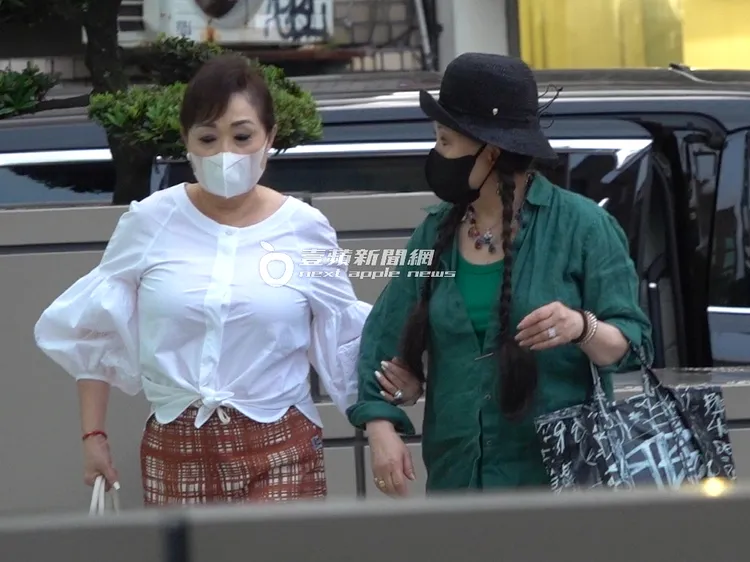 歐陽菲菲（右）一身翡翠綠打扮，背著巴黎世家塗鴉托特包，頭綁麻花捲雙辮子，時尚又俏皮。特勤中心攝