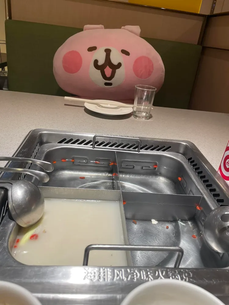 海底撈的陪吃娃娃服務，反而讓隻身用餐的大師兄感覺更尷尬了。翻攝自大師兄臉書