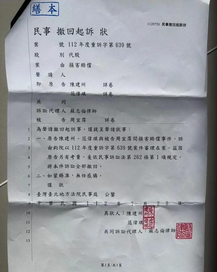 大牙在臉書貼出收到法院寄來的民事撤回起訴狀。翻攝大牙臉書