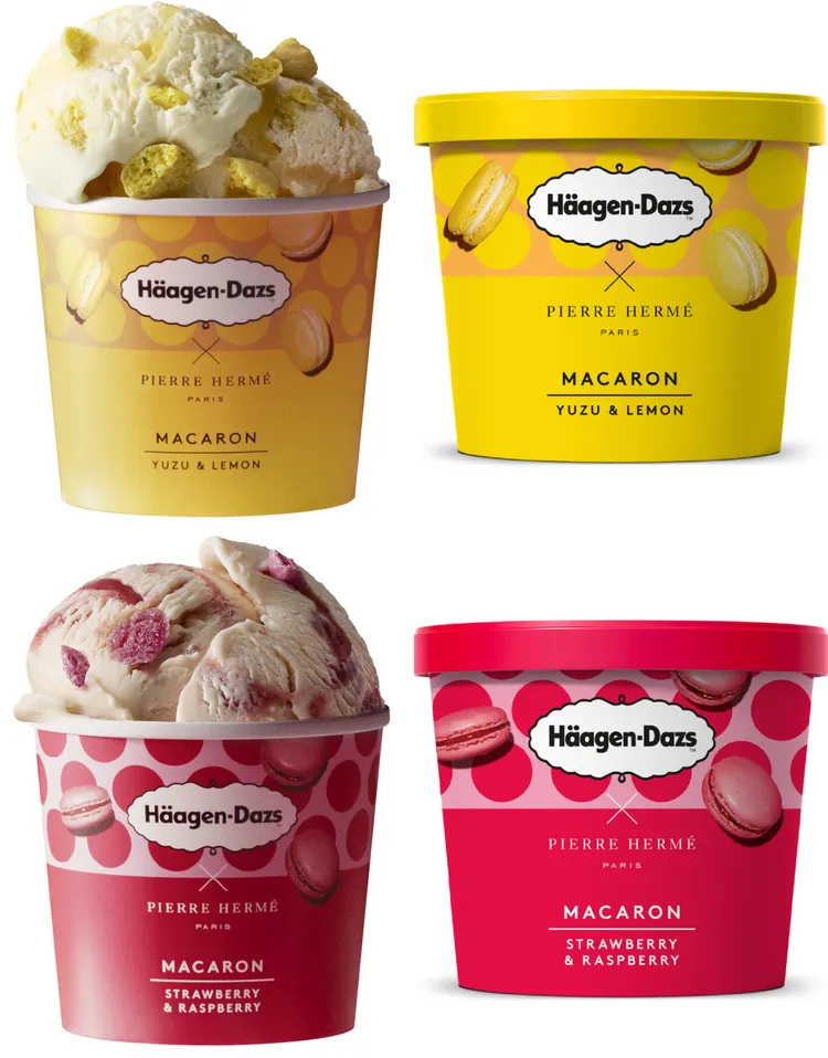 餐後搭配浪漫風情的全新「Häagen-Dazs馬卡龍冰淇淋」，有柚香檸檬與草莓覆盆子2種夢幻滋味。業者提供