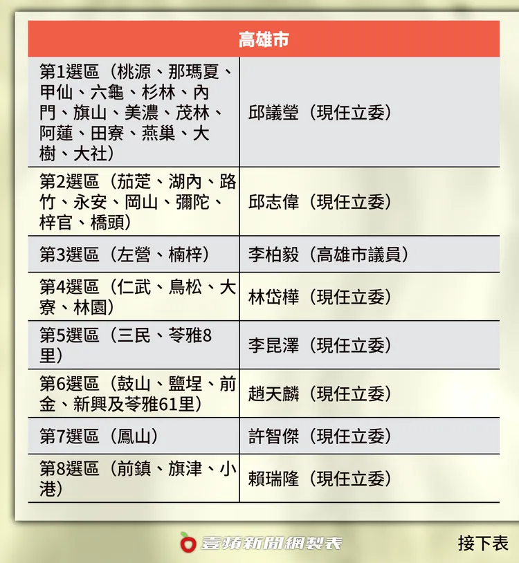 高雄市立委提名名單。壹蘋製表