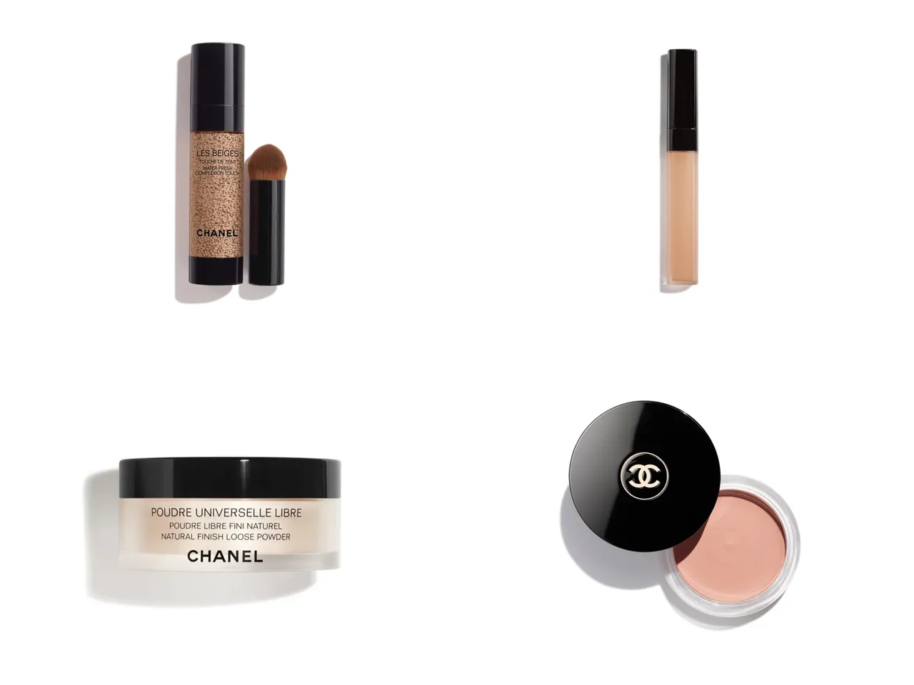 底妆部分使用了原生美肌微滴水粉底（左上）2500元、润色遮瑕笔（右上）1550元、轻盈完美蜜粉（左下）2290元、时尚裸光玫瑰柔肤霜（右下）1560元。品牌提供