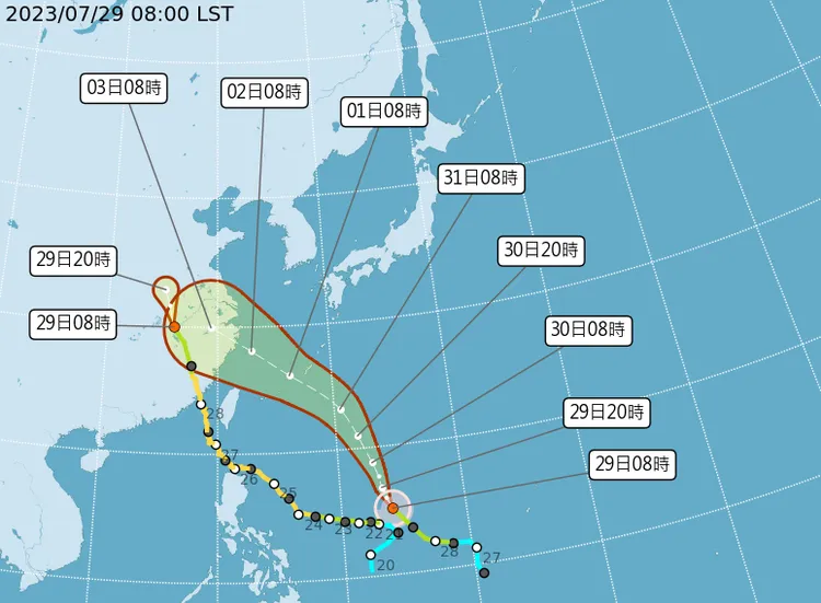 中央氣象局7/29上午8時輕颱卡努路徑預測圖。取自氣象局