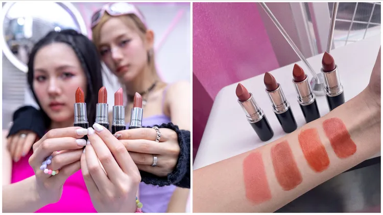 4款打造Y2K妝容推薦的M.A.C超水感持色水唇膏，右圖試色（左至右）#562、#567、#563、#566。左圖品牌提供、右圖張家玲攝