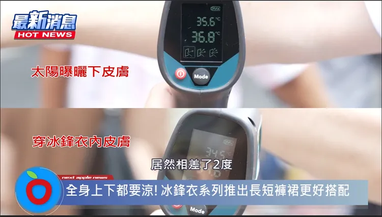 台灣知名服飾品牌ONE BOY今年全新冰感冰鋒衣，小編街頭實測穿與沒穿的皮膚溫度，穿上冰鋒衣後體感降溫差2度！