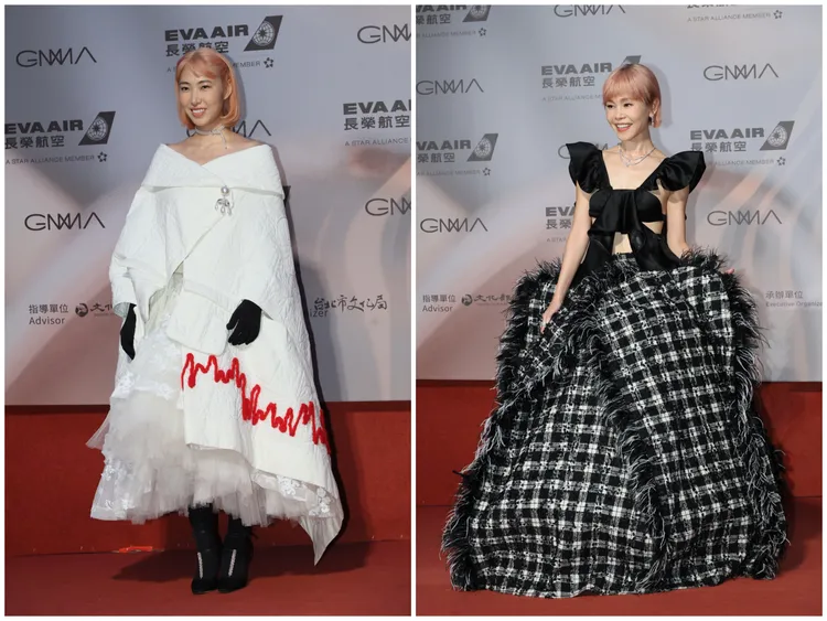 王若琳（左圖）選穿Simone Rocha，與穿上HAIZHEWANG上衣和MASHA MA裙裝的彭佳慧（右圖），被點名都是可愛、大器、好看的代表。攝影中心攝