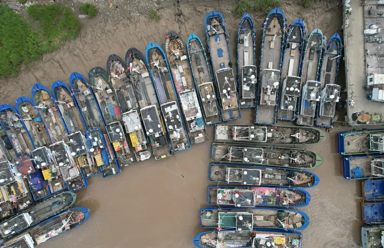 浙江瑞安市東山漁港碼頭，漁船入港避颱風。新華社