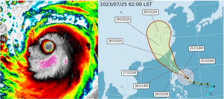 左圖：今(25日)晨3：50紅外線色調強化雲圖顯示，「杜蘇芮」眼清晰、眼牆厚實，強度直逼強烈颱風。(擷自tropical tidbits)

右圖：最新(25日2時)中央氣象局「路徑潛勢及侵襲機率預測圖」顯示，「杜蘇芮」向西北前進，路徑通過巴士海峽、台灣海峽南部、進入福建省；「不確定性」範圍東側觸及台灣，西側則離台更遠。翻攝「三立準氣象·老大洩天機」專欄