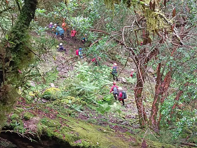 搜救隊重裝紮營石水山，共同搜索石山引水道、真鹿林山及石水山等處。讀者提供