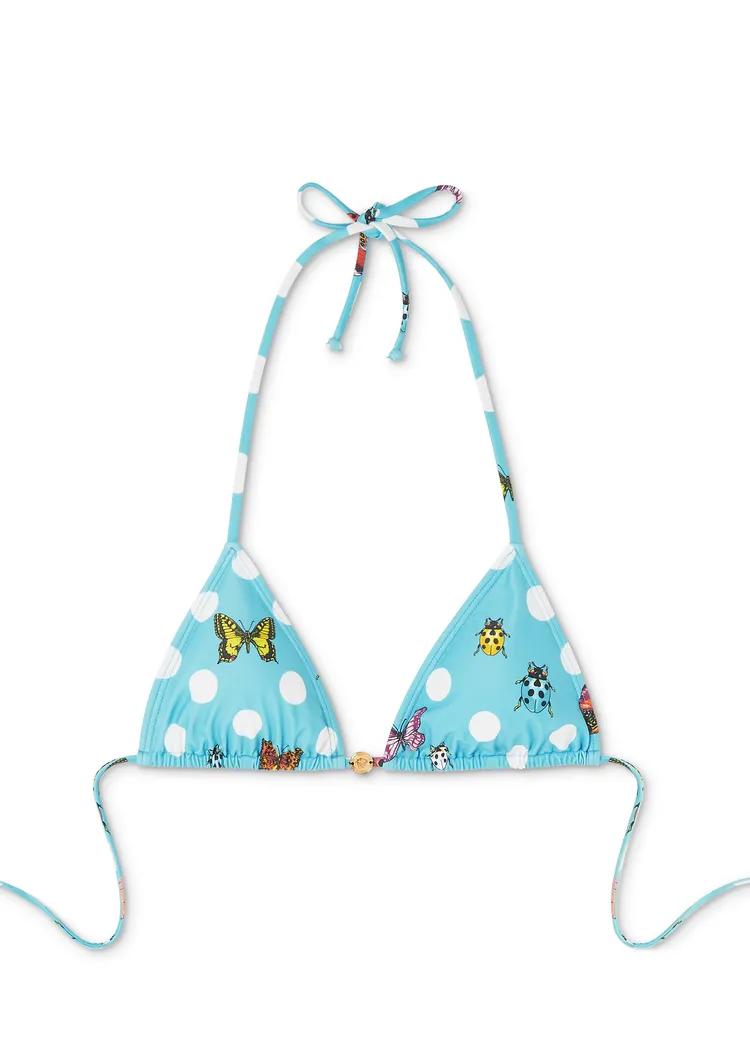 Dua Lipa x VERSACE「La Vacanza」聯名系列Butterflies藍色比基尼上衣，1萬3500元。品牌提供