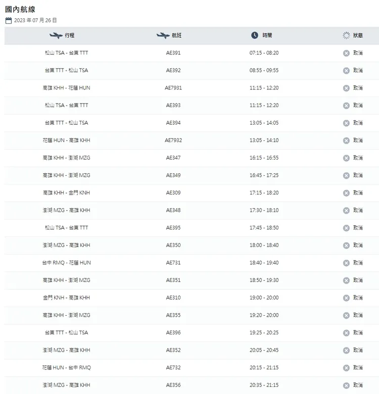 華信航空今取消20航班。翻攝華信航空官網