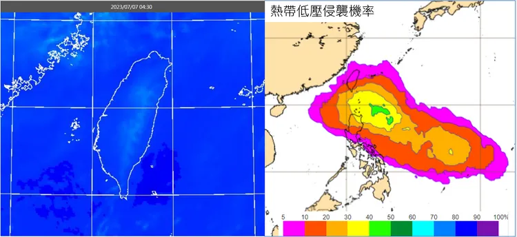 左圖：7日4：30紅外線色調強化雲圖顯示，台灣上空晴朗無雲。

右圖：最新(6日20時)歐洲(ECMWF)系集模式，模擬13日20時「熱帶低壓」的侵襲機率圖顯示，呂宋島東側約50%，台灣附近機率約20%以下。取自氣象應用推廣基金會
