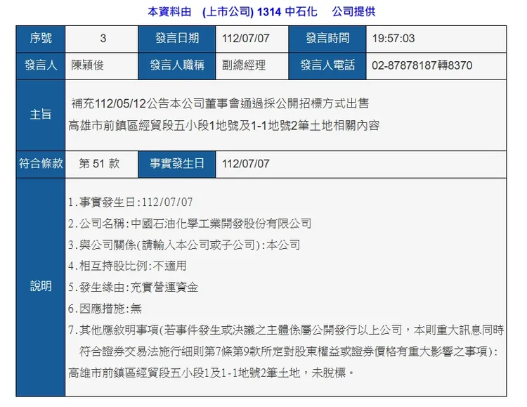 中石化重訊公告流標